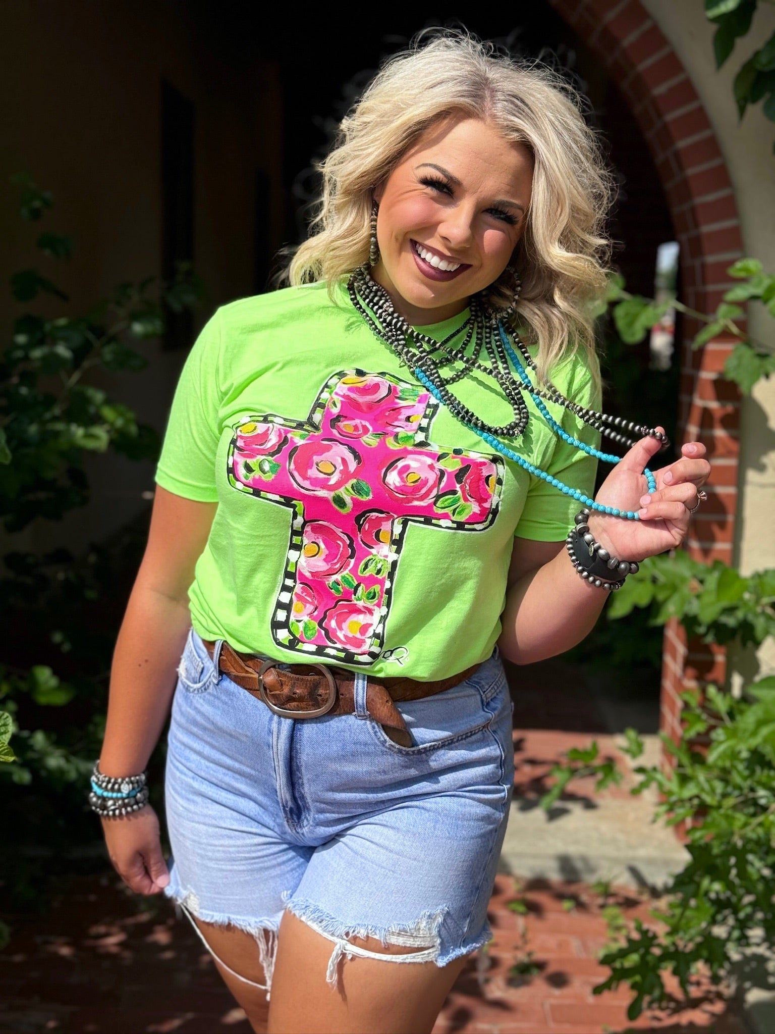 Callie Ann Stelter Pink Floral Cross Tee